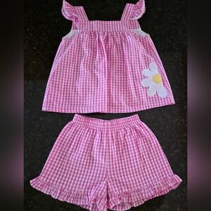 Stitchy Fish Pink Gingham Set with Daisy Appliqué